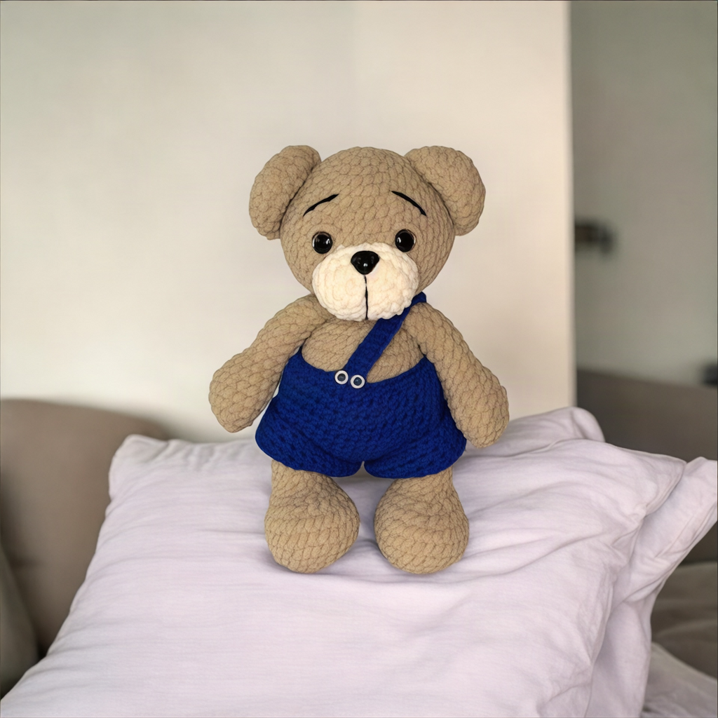 Handmade Crochet Plush Bear with Overalls
