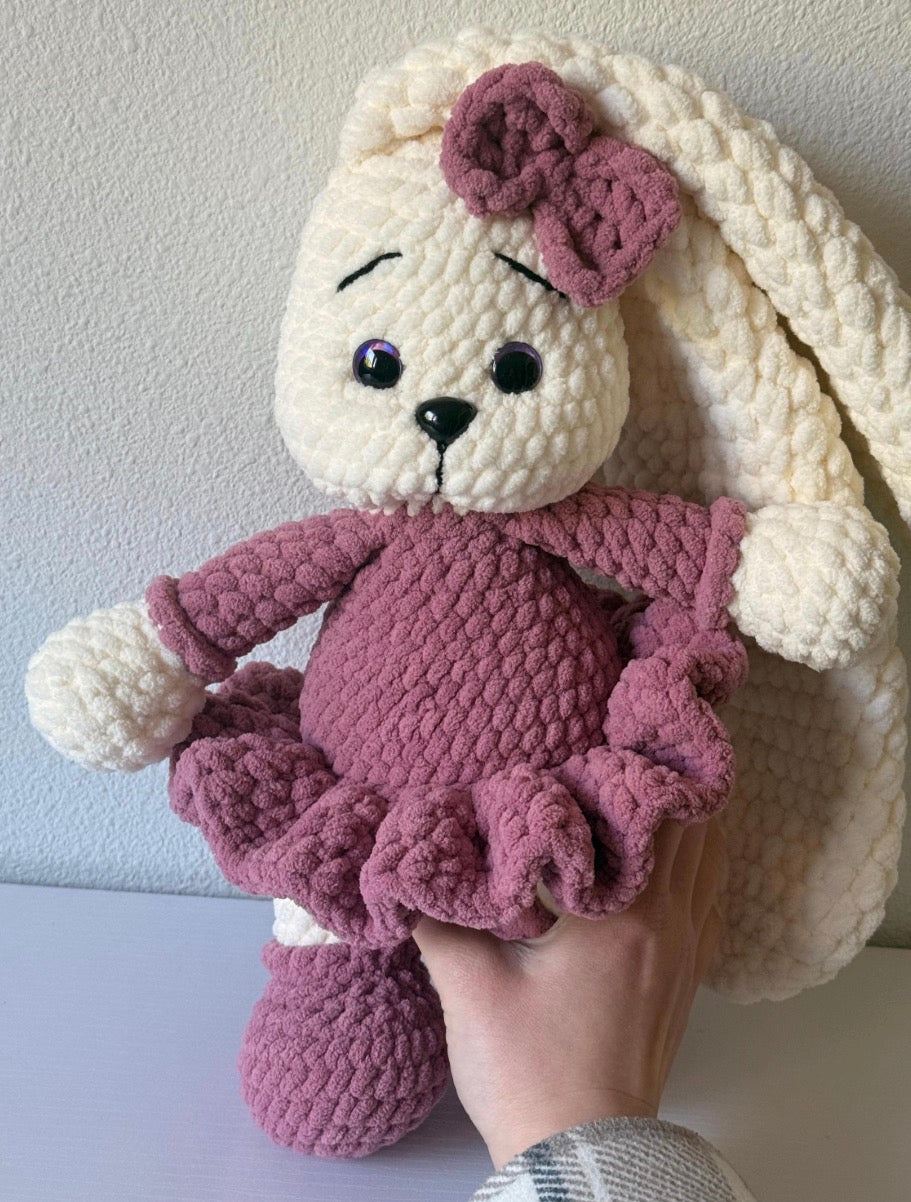 Handmade Crochet Bunny Rosie, Soft Amigurumi Toy with Dress & Bow