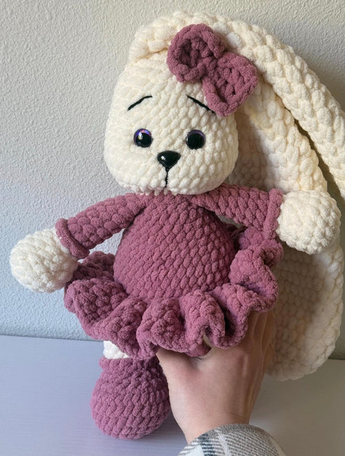Handmade Crochet Bunny Rosie, Soft Amigurumi Toy with Dress & Bow