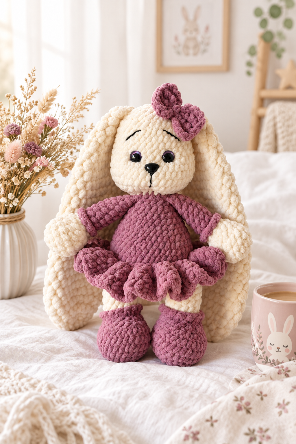 Handmade crochet bunny Rosie lifestyle photo