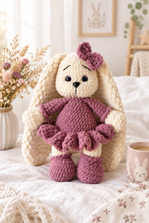 Handmade crochet bunny Rosie lifestyle photo