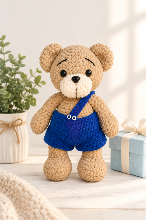 Handmade crochet bear with blue overalls lifestyle photo